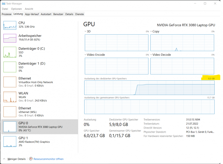 Nvidia GeForce RTX 3080 Laptop GPU nur 8GB statt 16GB für Tensorflow ...
